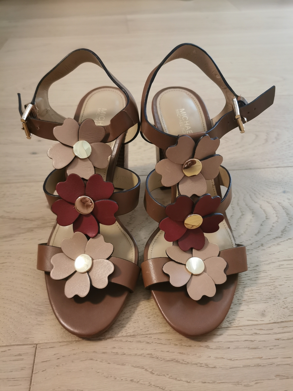 Michael Kors Brown Leather Floral Block Heel Sandals